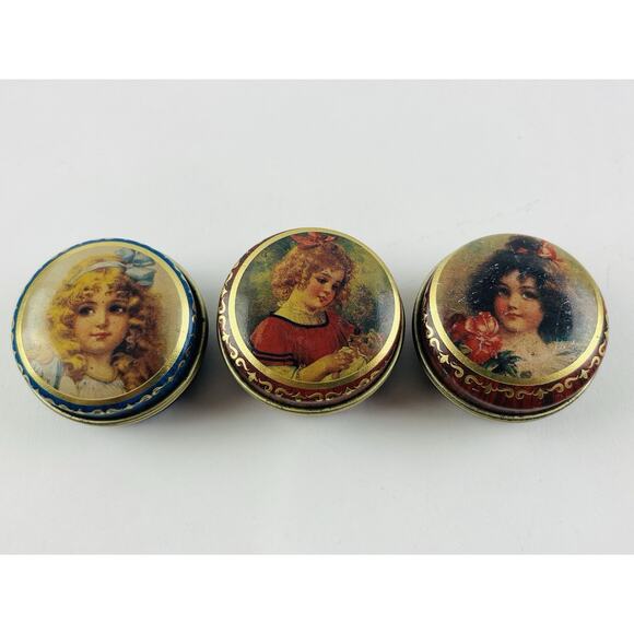 Small Round Metal Pill Box Tins Set Of 3 Lady Girl Old Fashioned Images Designs - Picture 1 of 8